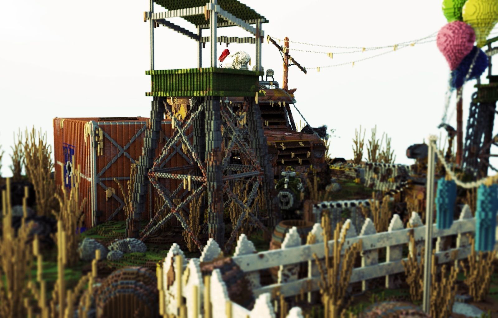 Timber watchtower and farmstead among cornfields, with balloons in the background
