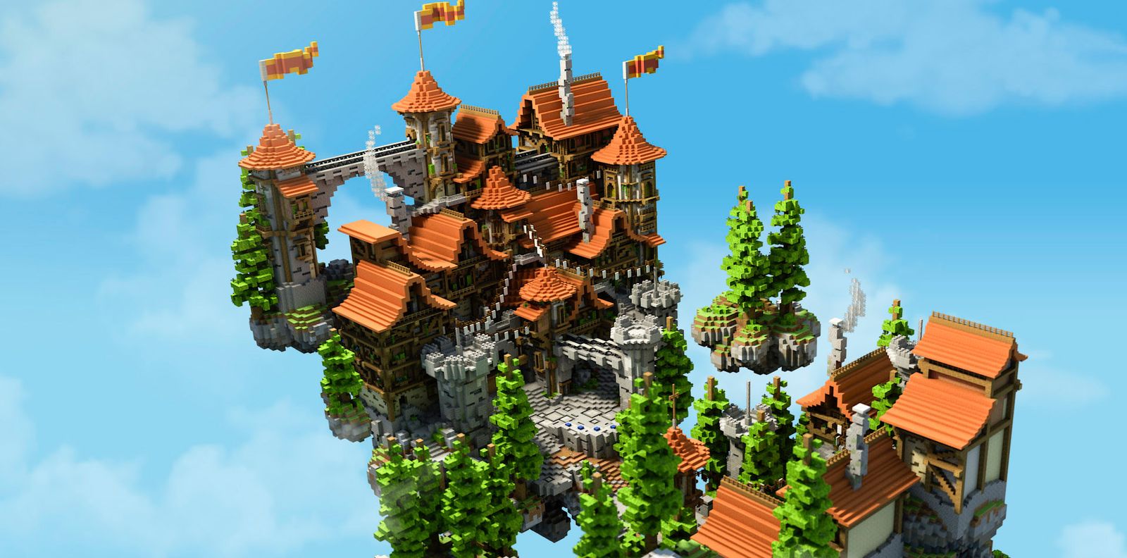 Second view of the floating castle spawn, orange-tiled towers and banners above a sky island