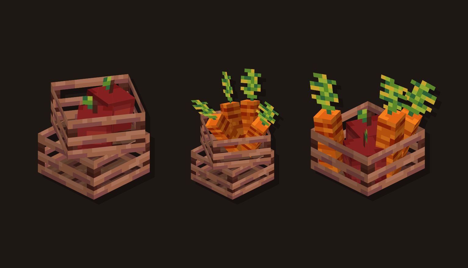 Three wooden crates full of apples and carrots