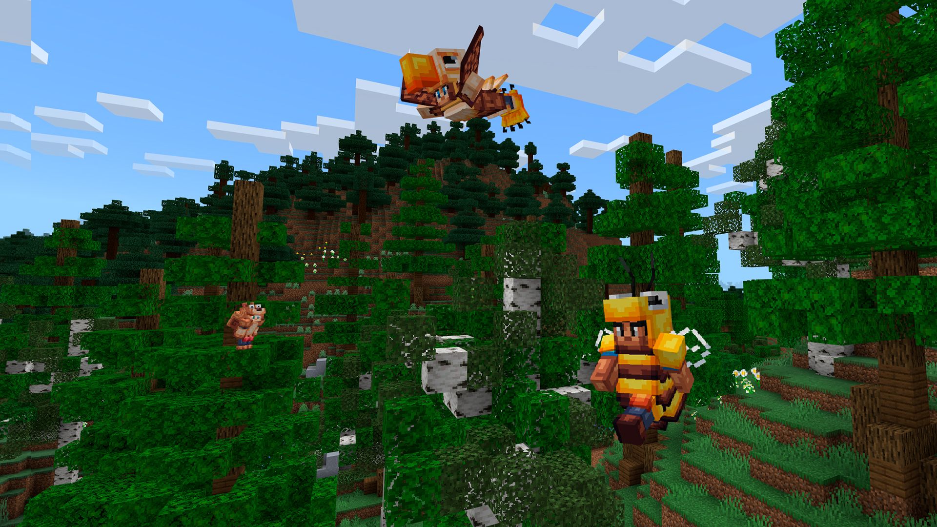 A player in eagle armor flies over a forest while another in bee armor hovers among the trees