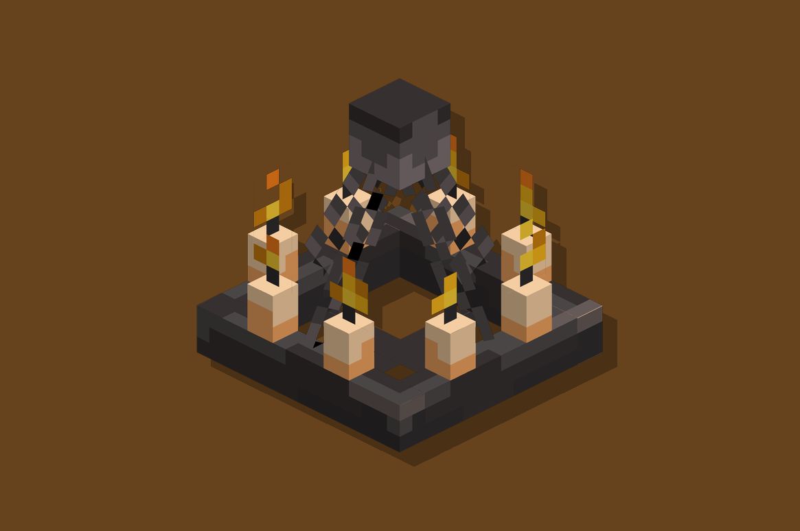 Black iron lamp with six lit candles on a square base