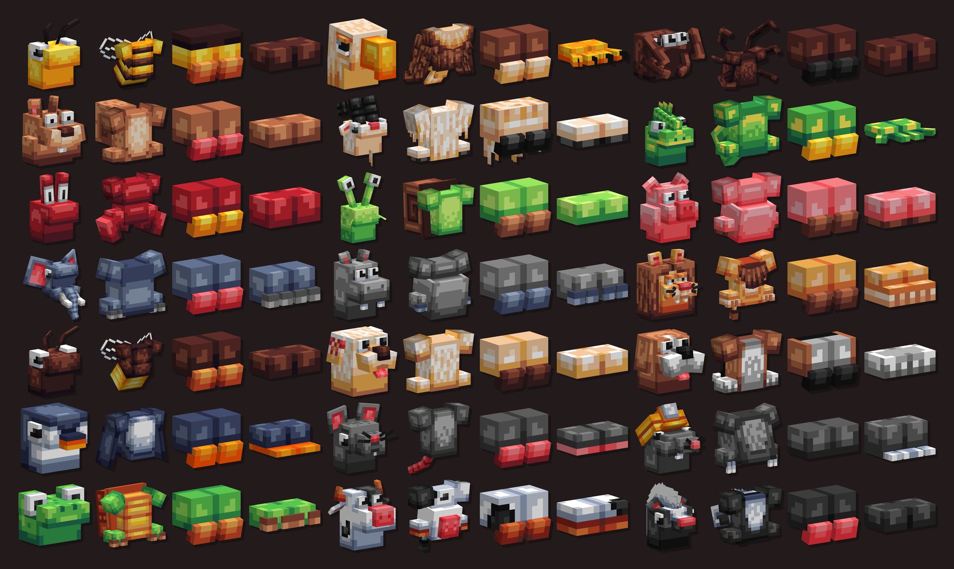 All 84 armor pieces (helmet, chestplate, leggings and boots for each of the 21 animals) laid out in a grid