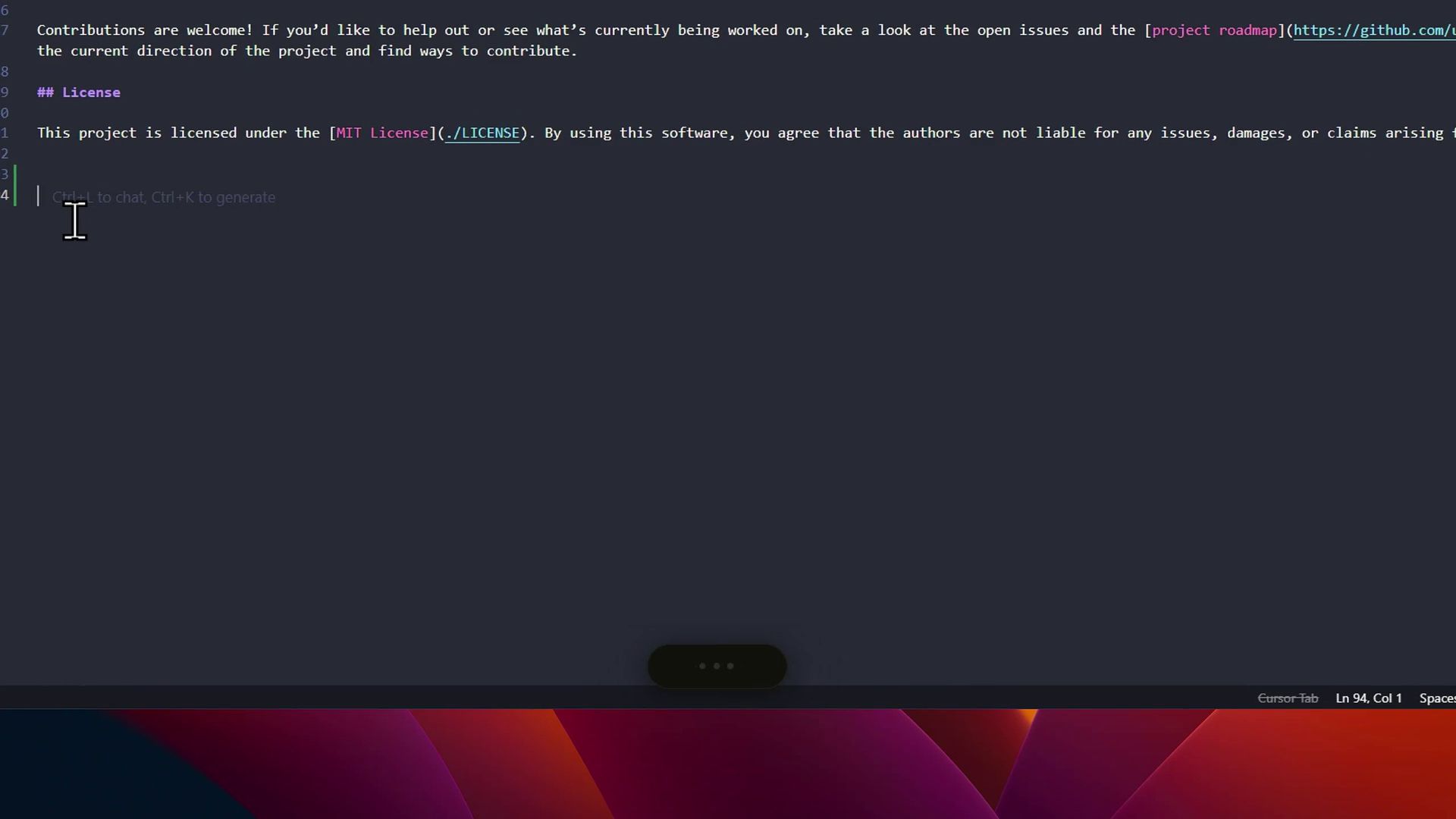 Close-up of a code editor with Dictto’s floating pill above the status bar while dictating