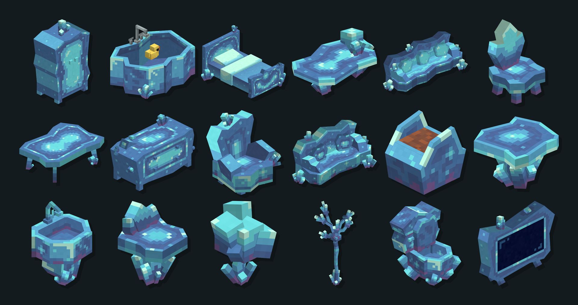 The 18 pieces of the Crystal theme in isometric view, in ice-blue crystal: wardrobe, bathtub with a rubber duck, bed, tables, sofas, chairs, planter, sink, lamps, toilet and TV