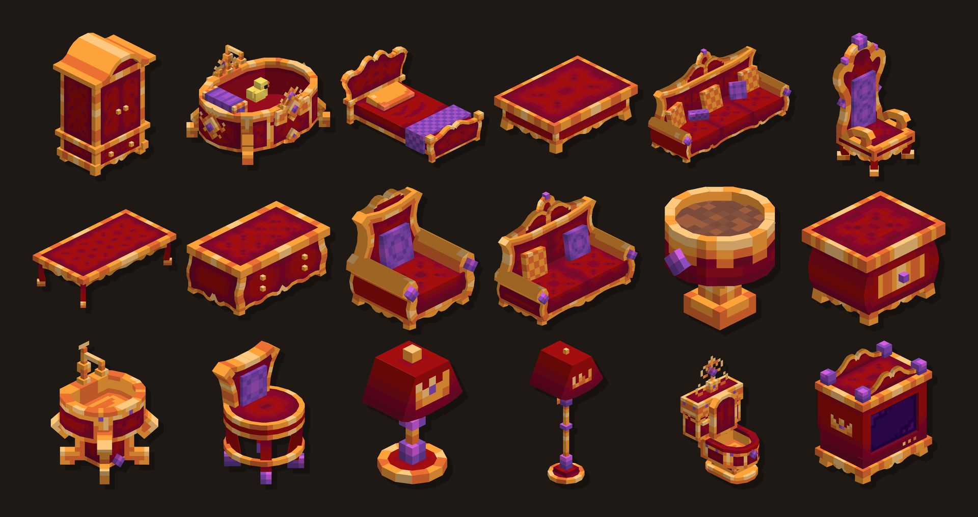 The 18 pieces of the Royal theme in isometric view, in red velvet and gold with purple cushions: wardrobe, bathtub with a rubber duck, bed, tables, sofas, chairs, planter, sink, lamps, toilet and TV