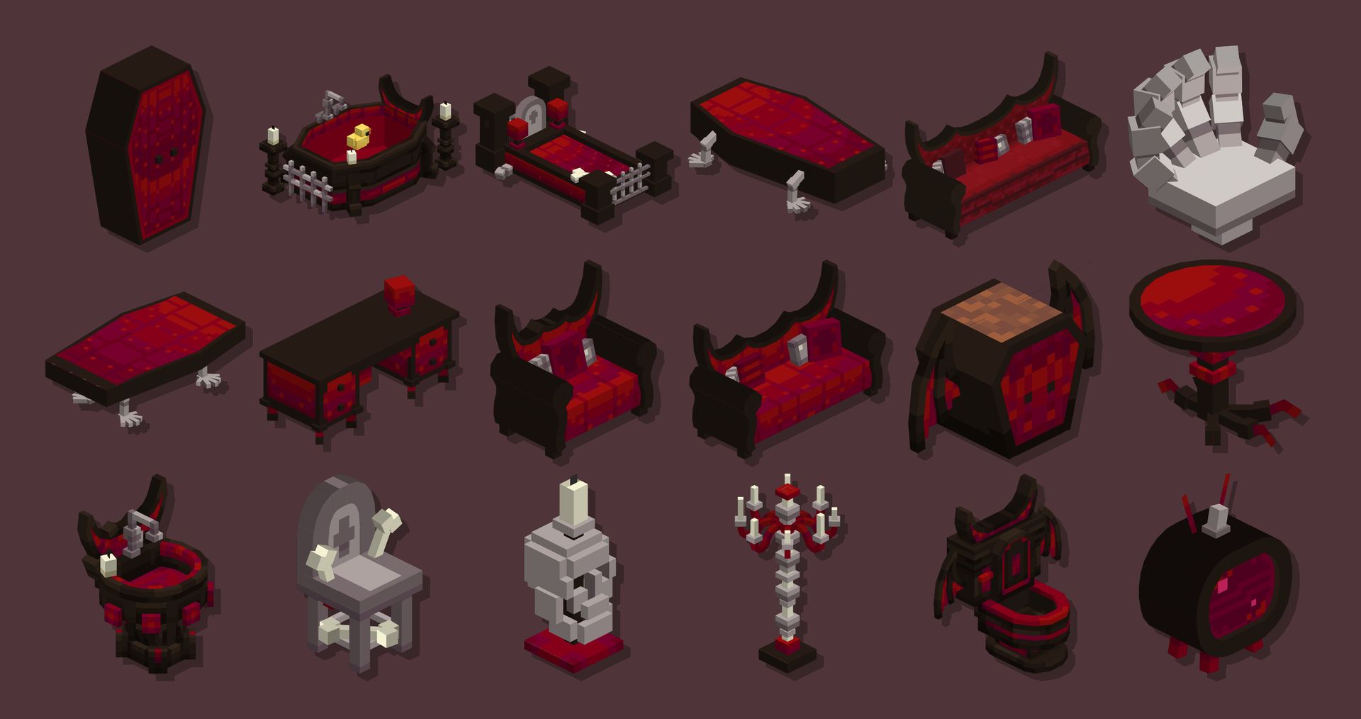 The 18 pieces of the Vampire theme in isometric view, gothic, in dark wood, red velvet, skulls and candelabras: wardrobe, bathtub with a rubber duck, bed, tables, sofas, chairs, planter, sink, lamps, toilet and TV